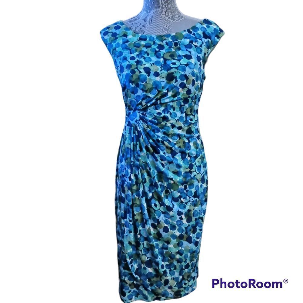 DRESSBARN Blue Teal Print Dress Beautiful Drape, Size 6